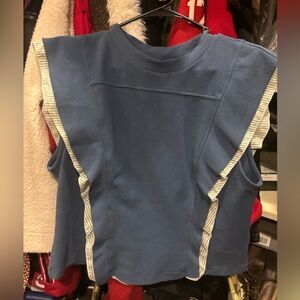 Anthropologie blue flutter sleeve with green and white stiped back